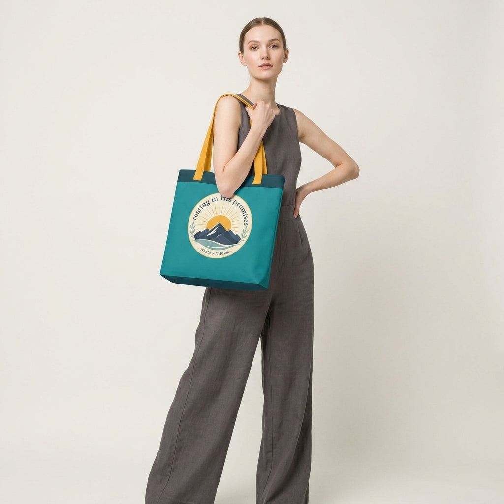 Model carrying a teal Christian tote bag with yellow handles and a faith-inspired mountain design featuring Matthew 11:28-30.