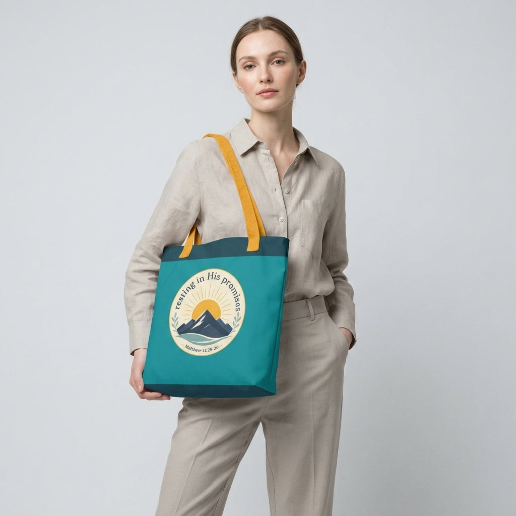 Model carrying a teal Christian tote bag with yellow handles and a faith-inspired mountain design featuring Matthew 11:28-30.