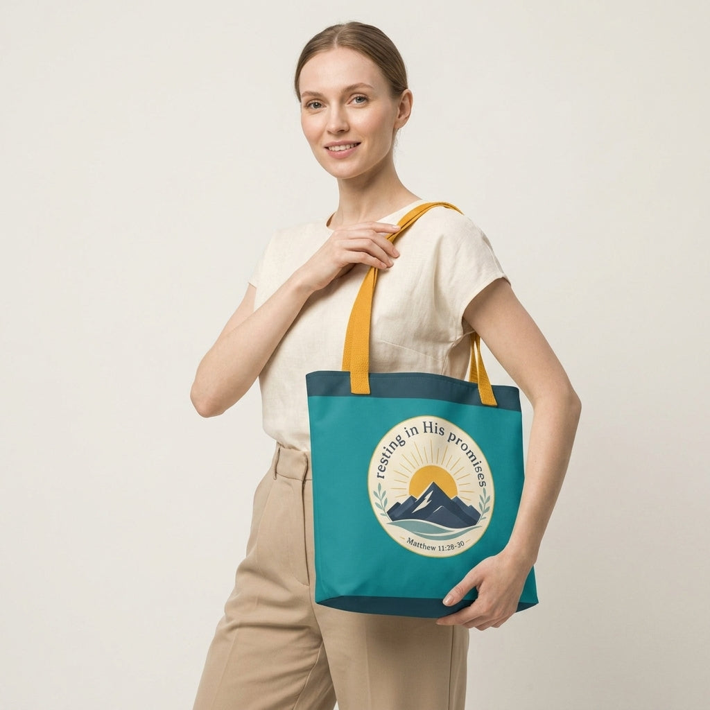 Model carrying a teal Christian tote bag with yellow handles and a faith-inspired mountain design featuring Matthew 11:28-30.