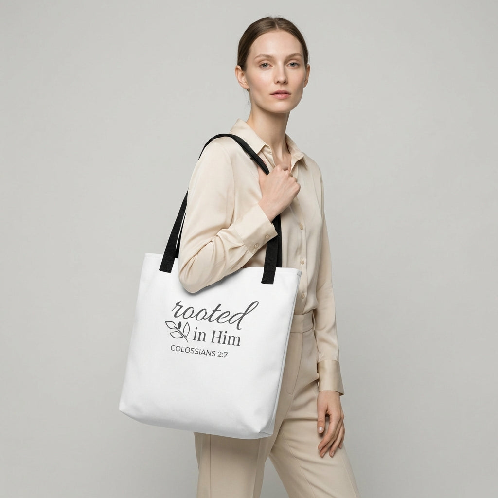 Lifestyle photo of a model holding a white tote bag with black handles featuring “rooted in Him” and “Colossians 2:7” with a leaf design.