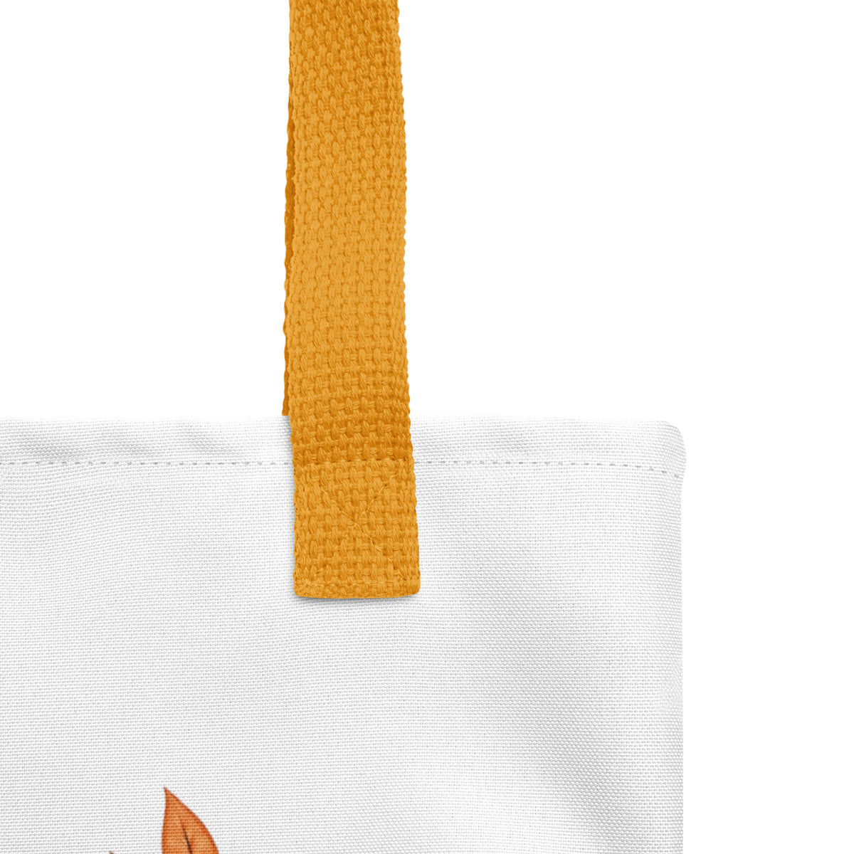 Close-up detail of the Christian Thanksgiving tote showing the textured white fabric, mustard yellow handle, and autumn leaf design.