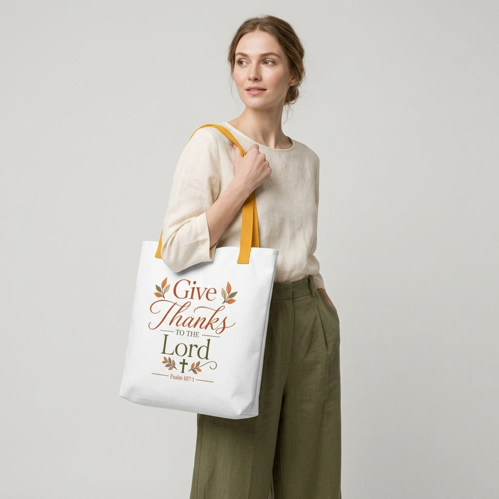 Model carrying a Christian Thanksgiving tote bag with a faith-based “Give Thanks to the Lord” design and fall-inspired details.