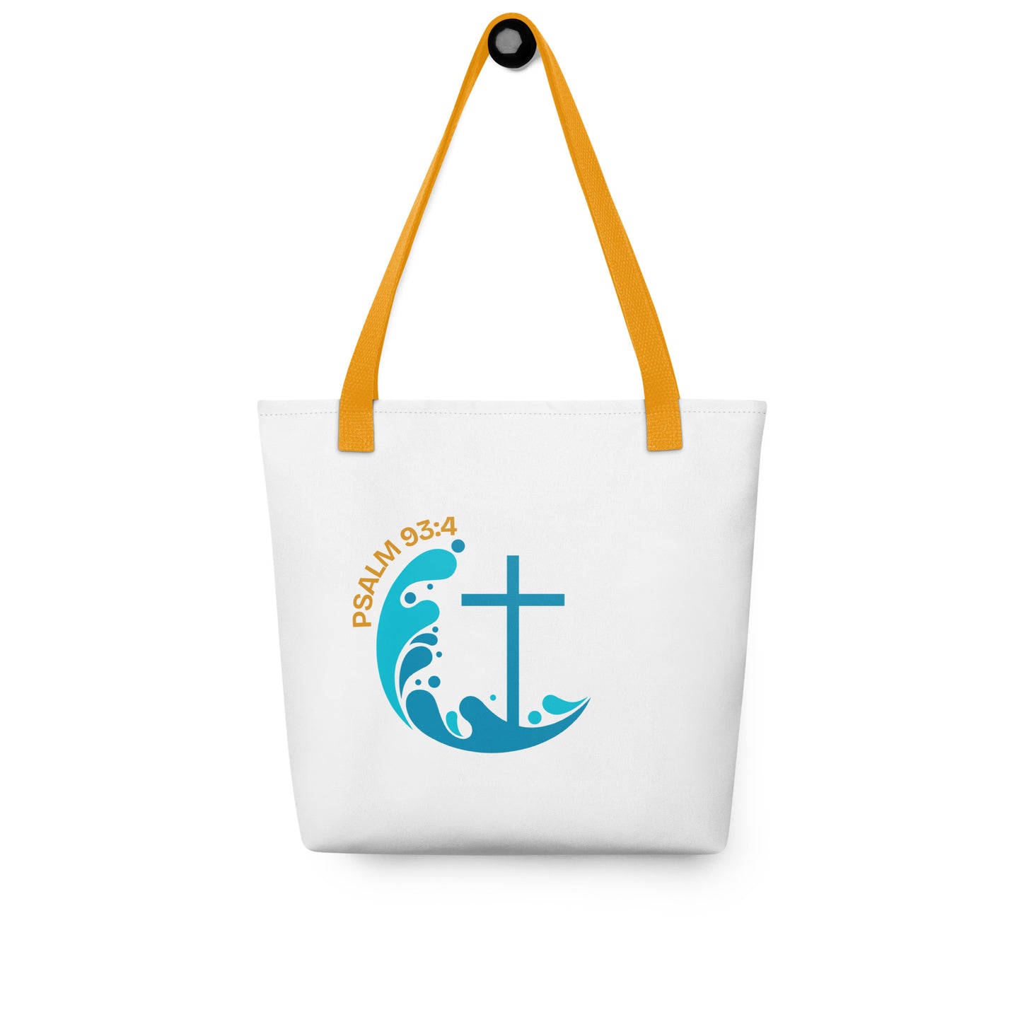 White tote bag hanging on a hook with yellow handles, “Psalm 93:4,” and a blue wave-and-cross symbol.