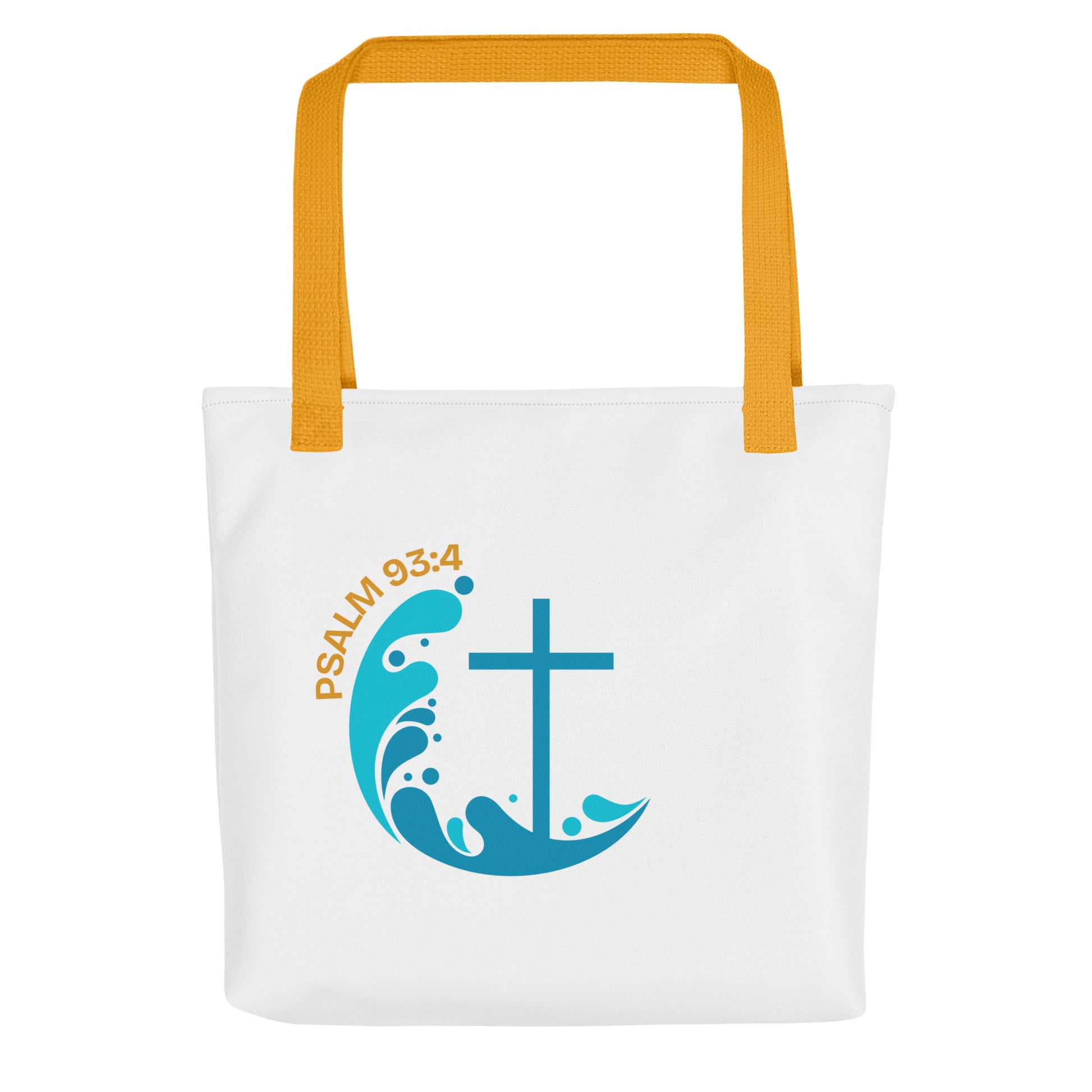 Front view of a white tote bag with yellow handles featuring “Psalm 93:4” and a blue wave-and-cross graphic.